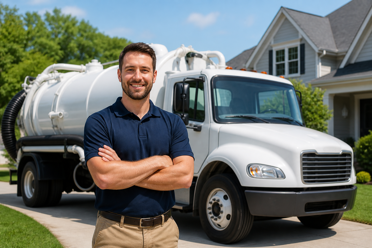 Friendly septic service technician in a navy polo standing in front of a clean vacuum truck