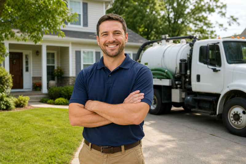 Licensed local septic technician at a residential service truck
